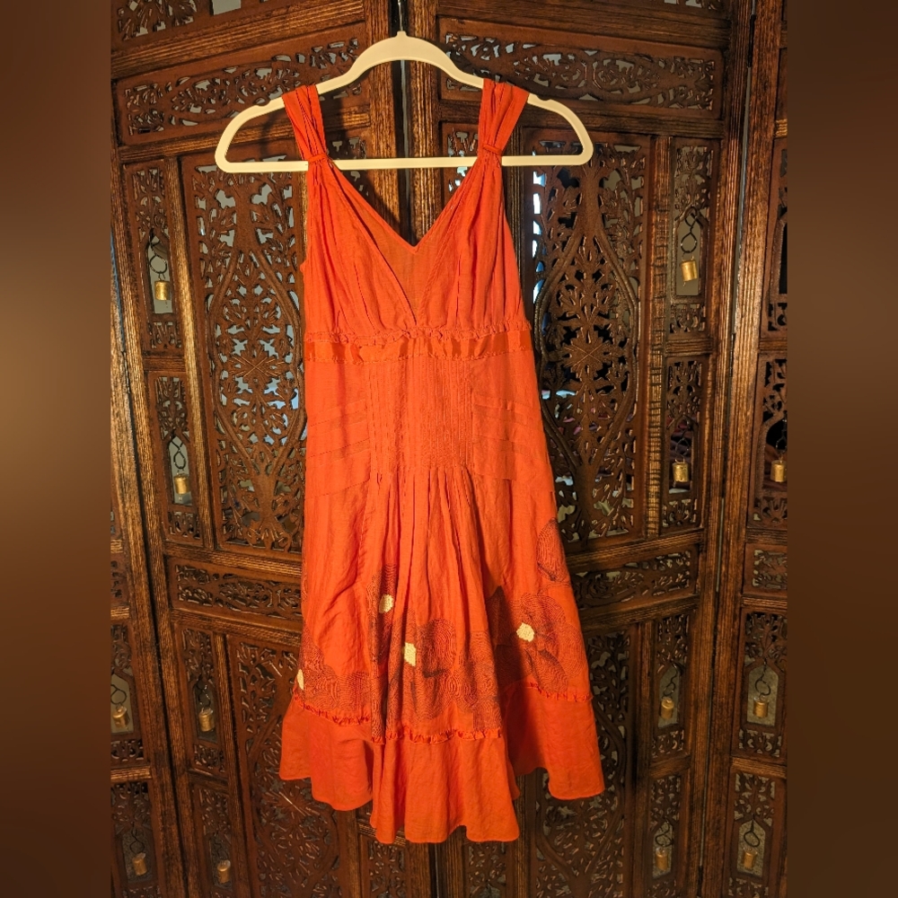 Anthropologie Floreate Vintage Silk Blend Orange Embroidered Dress Size 0